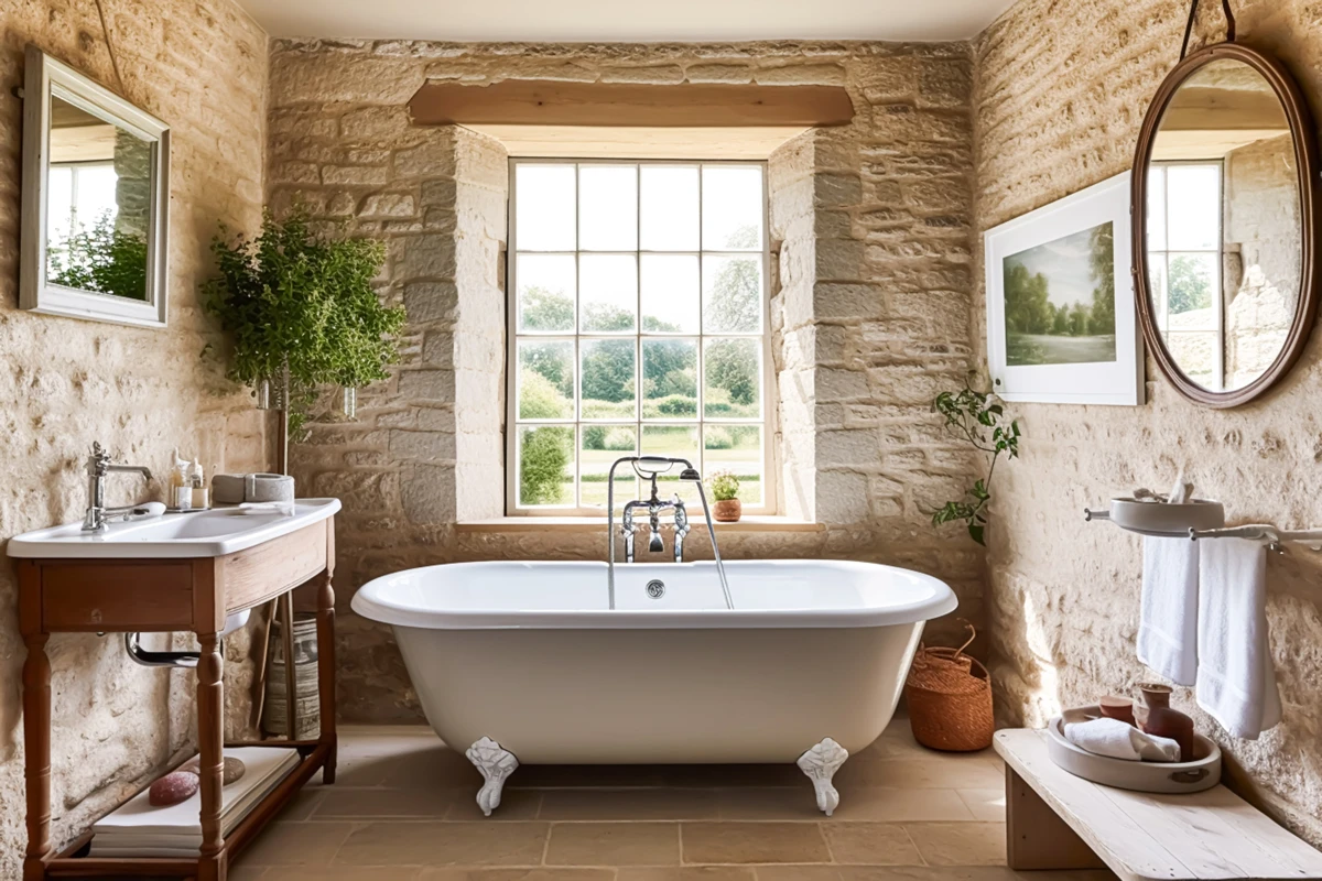 A white bath tub sitting under a window next to a sink.